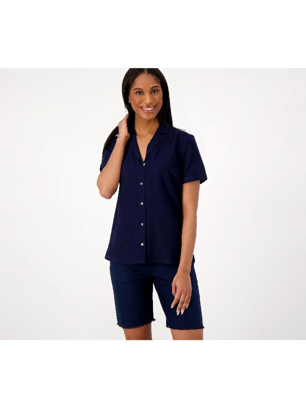 Susan Graver PURE Shirt Size 1X Petite Linen Blend Button Up Navy Nautical NEW